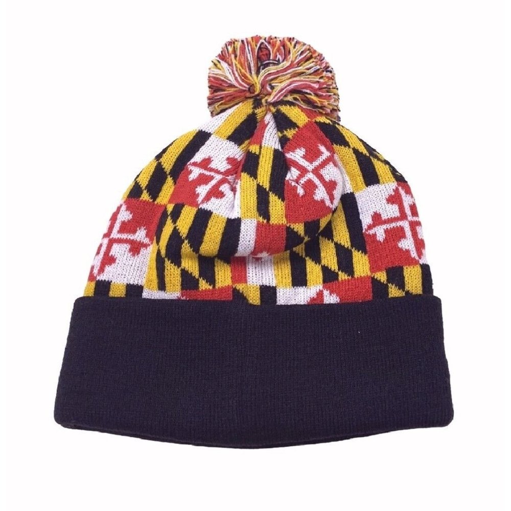 Maryland Flag Beanie Pom Cap with Black Cuff - NEW Fast Ship